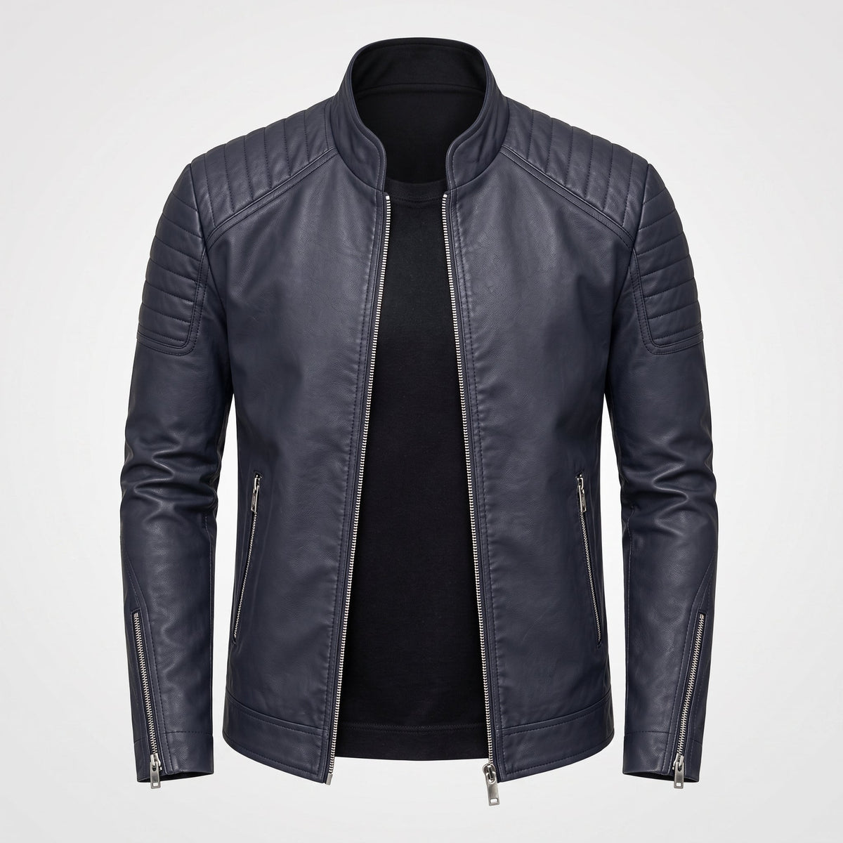 Men's Slim Fit Biker Jacket Stand Collar Zip Front