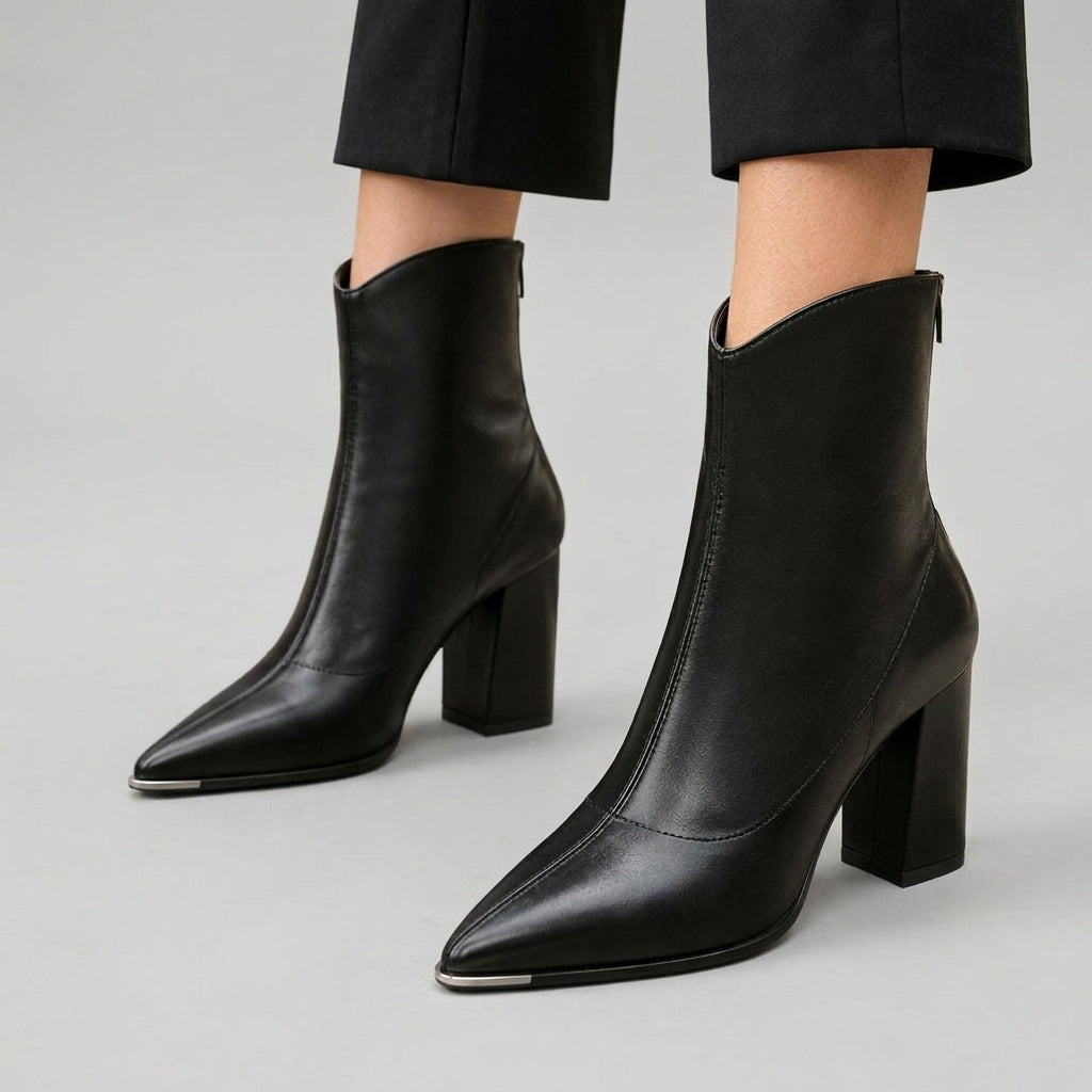 Mica - Women's Pointed-Toe Block Heel Boots with Zip Closure