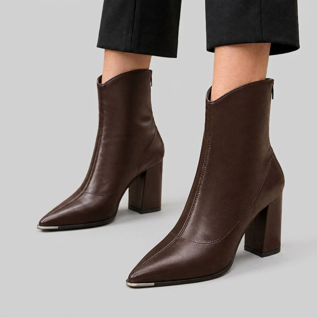 Alondra - Women's Pointed-Toe Block Heel Ankle Boots with Rear Zip