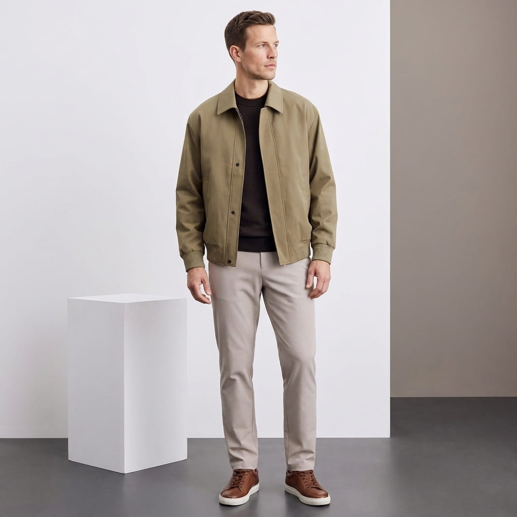 Mikael Turn-Down Collar Bomber Jacket – Ribbed Cuff Full-Zip Woven Classic Outerwear