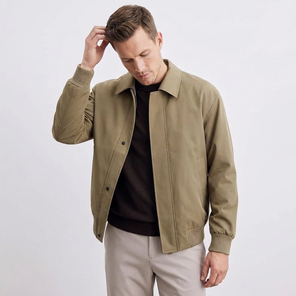 Mikael Turn-Down Collar Bomber Jacket – Ribbed Cuff Full-Zip Woven Classic Outerwear