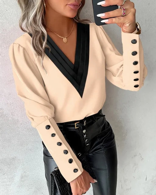 Women's Elegant V-Neck Blouse – Contrast Layered Neckline with Statement Button Cuffs for Office and Smart Casual Wear