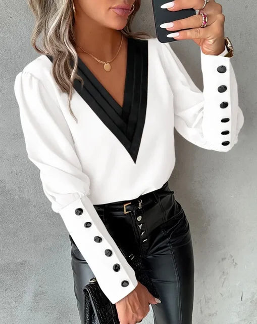 Women's Elegant V-Neck Blouse – Contrast Layered Neckline with Statement Button Cuffs for Office and Smart Casual Wear