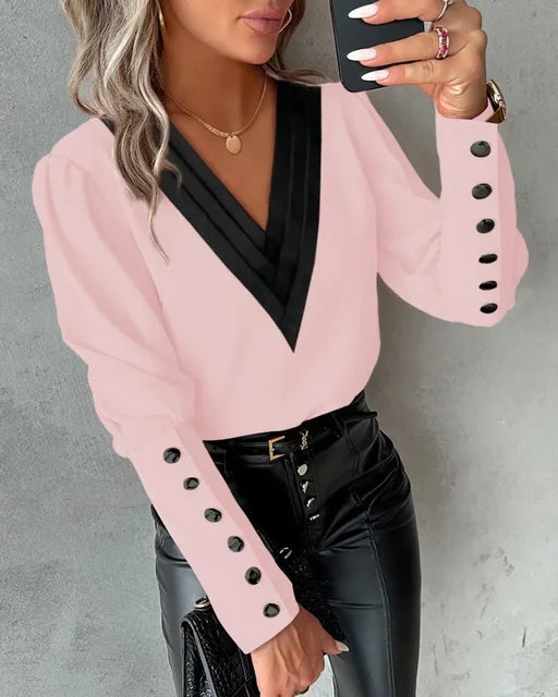 Women's Elegant V-Neck Blouse – Contrast Layered Neckline with Statement Button Cuffs for Office and Smart Casual Wear