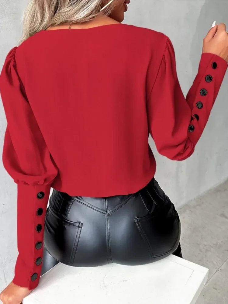 Women's Elegant V-Neck Blouse – Contrast Layered Neckline with Statement Button Cuffs for Office and Smart Casual Wear