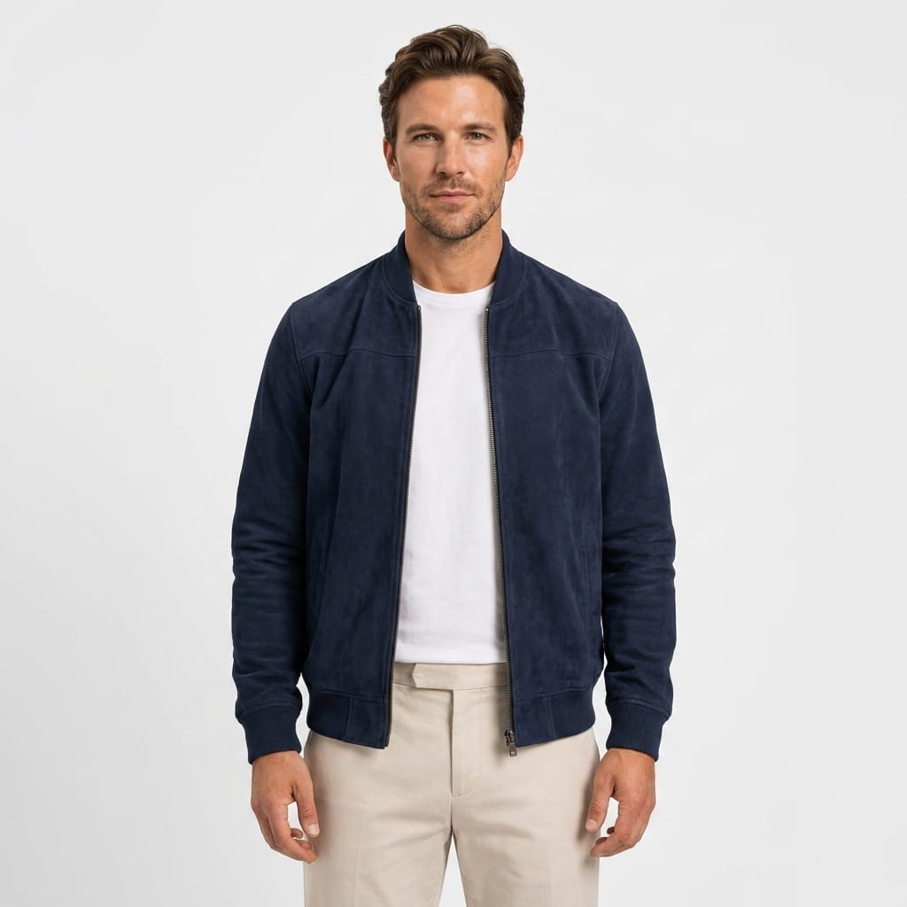 Luciano Suede-Look Bomber Jacket – Rib Collar Zip Front Welt Pocket Lightweight Tailored Overlayer