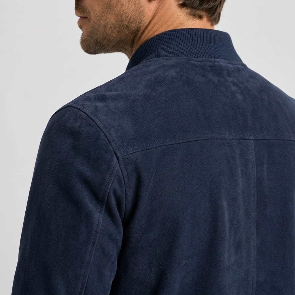 Luciano Suede-Look Bomber Jacket – Rib Collar Zip Front Welt Pocket Lightweight Tailored Overlayer