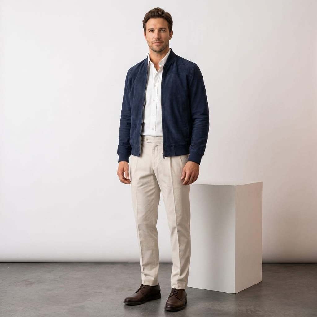 Luciano Suede-Look Bomber Jacket – Rib Collar Zip Front Welt Pocket Lightweight Tailored Overlayer