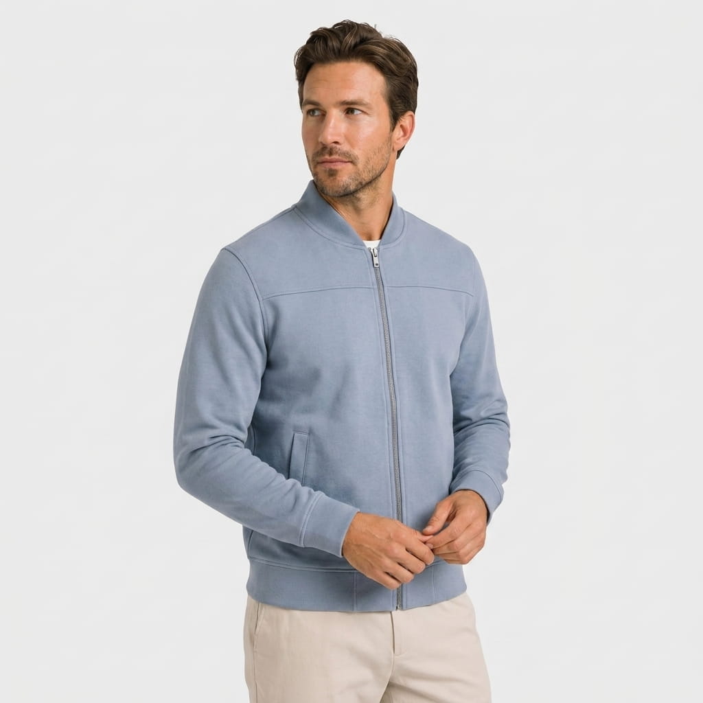 Luciano Suede-Look Bomber Jacket – Rib Collar Zip Front Welt Pocket Lightweight Tailored Overlayer