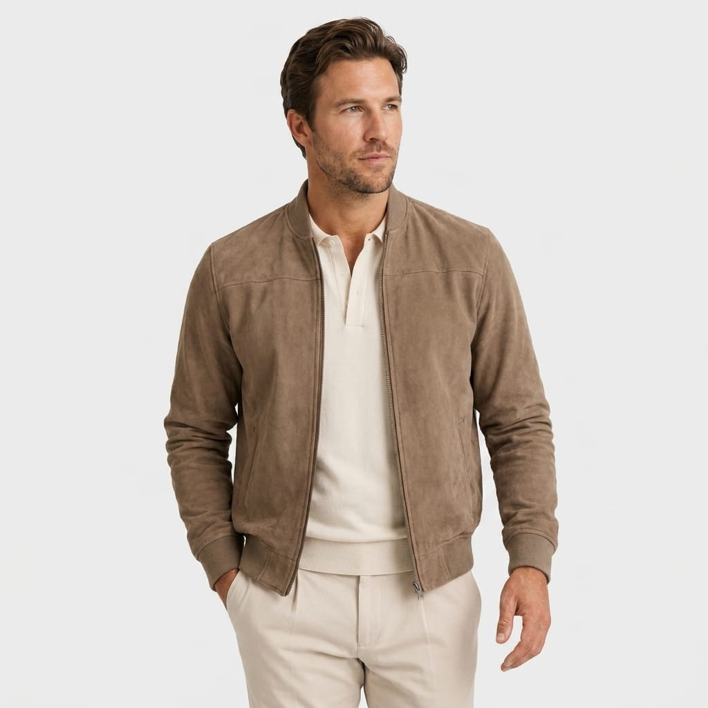 Luciano Suede-Look Bomber Jacket – Rib Collar Zip Front Welt Pocket Lightweight Tailored Overlayer