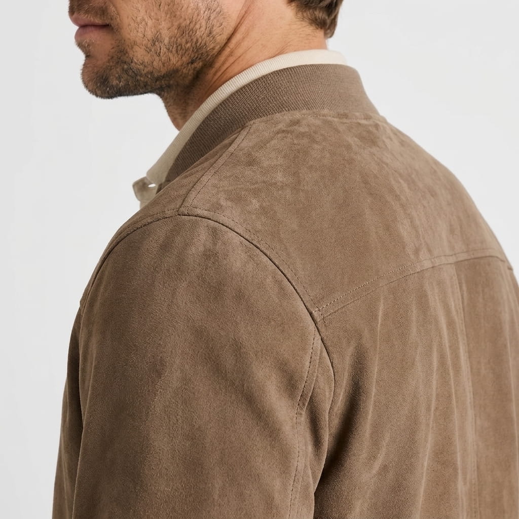 Luciano Suede-Look Bomber Jacket – Rib Collar Zip Front Welt Pocket Lightweight Tailored Overlayer