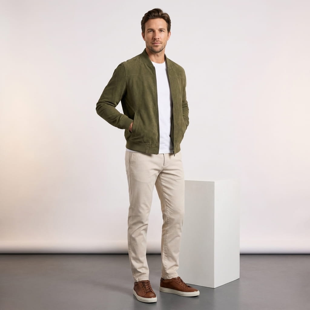 Luciano Suede-Look Bomber Jacket – Rib Collar Zip Front Welt Pocket Lightweight Tailored Overlayer