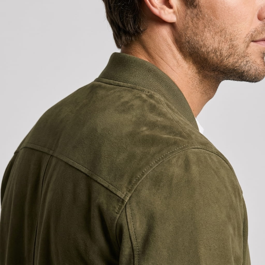 Luciano Suede-Look Bomber Jacket – Rib Collar Zip Front Welt Pocket Lightweight Tailored Overlayer