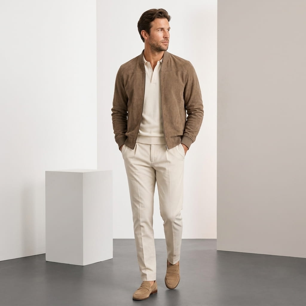 Luciano Suede-Look Bomber Jacket – Rib Collar Zip Front Welt Pocket Lightweight Tailored Overlayer