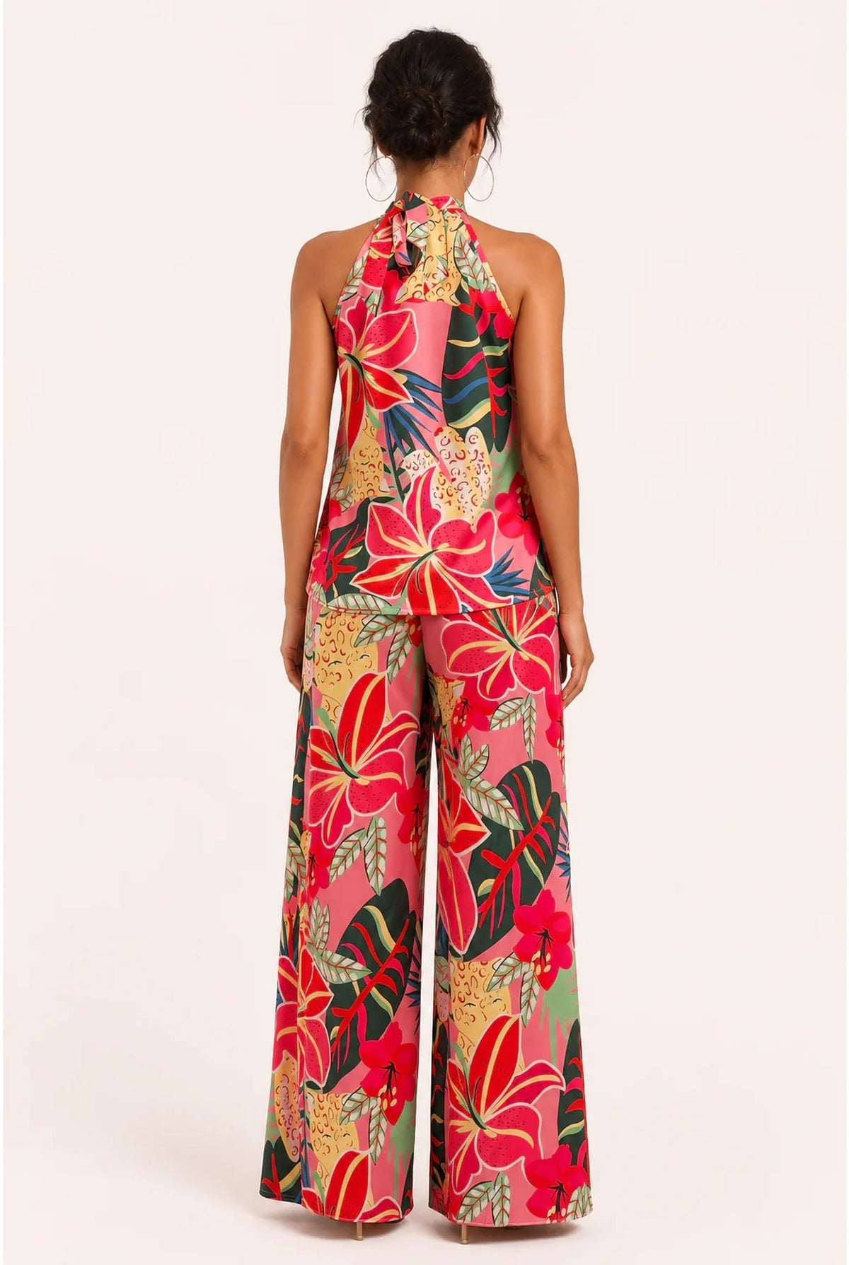Women's Tropical Floral Halter Jumpsuit with Wide Legs – Sleeveless Summer Style for Holidays