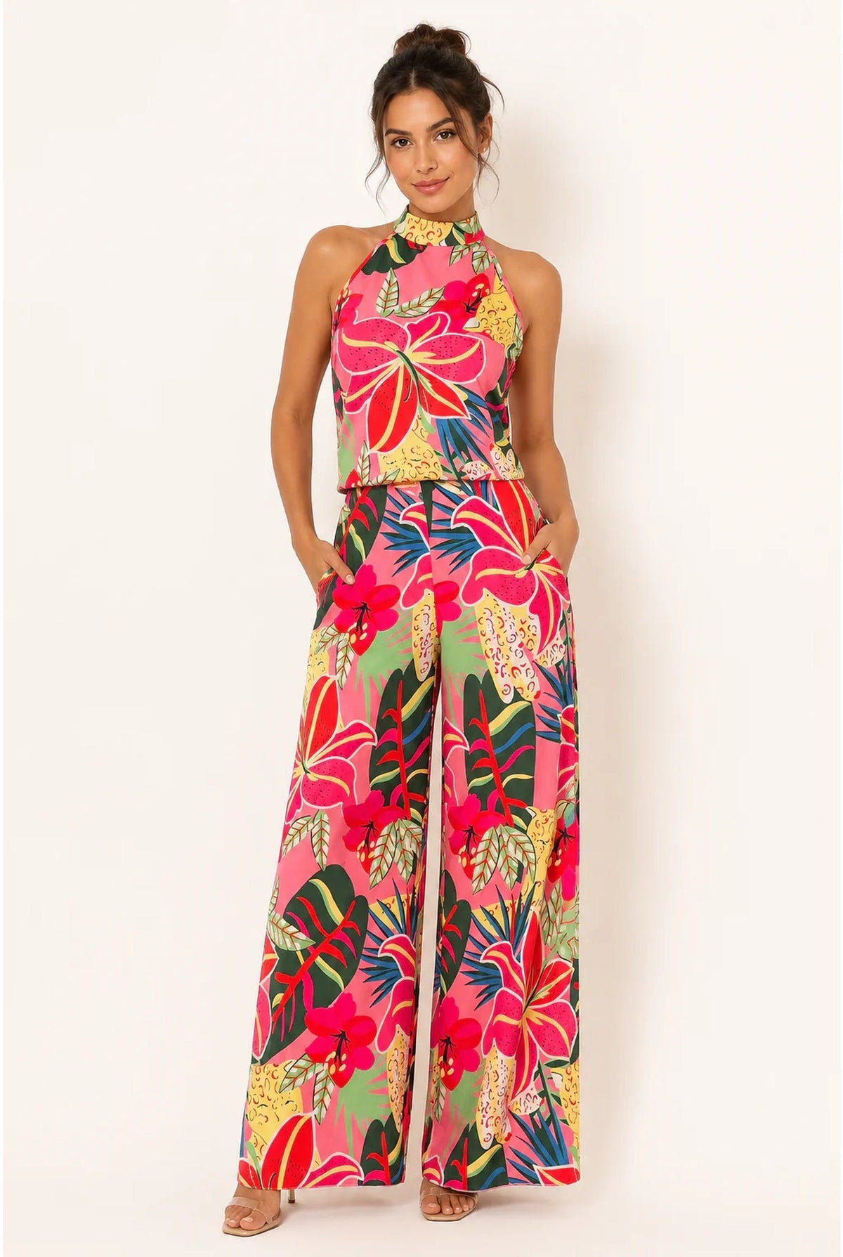 Women's Tropical Floral Halter Jumpsuit with Wide Legs – Sleeveless Summer Style for Holidays