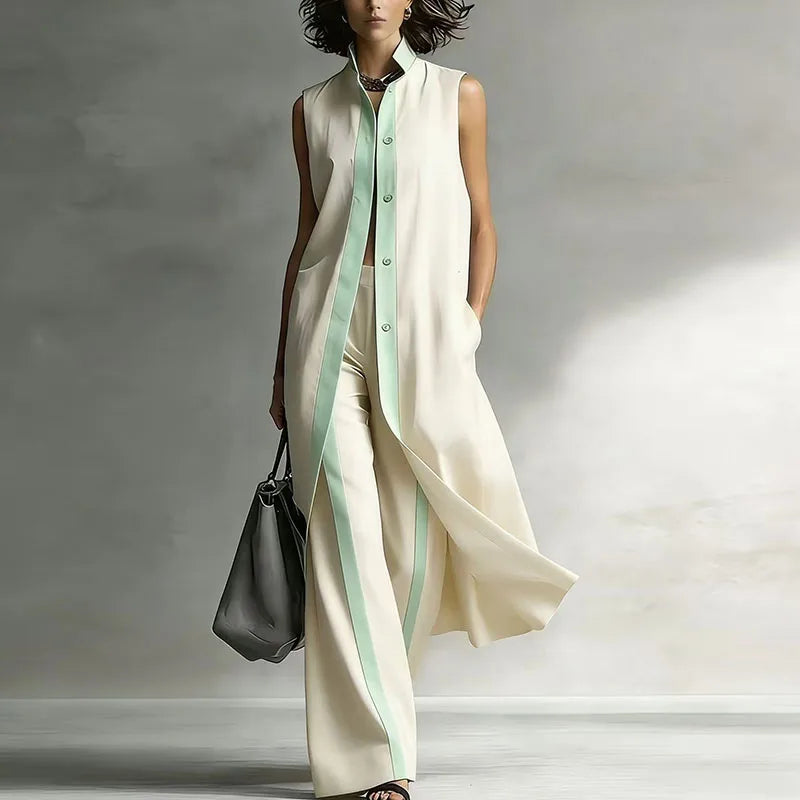 Women’s Sleeveless Longline Tunic and Wide-Leg Trouser Set – Button-Front Design with Contrast Trim for Summer
