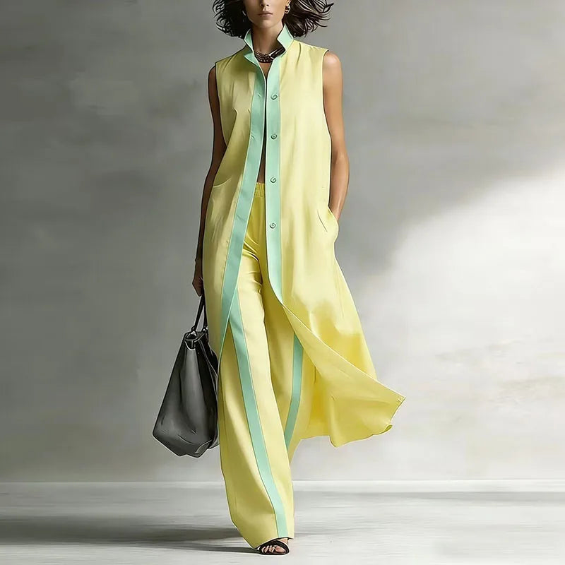 Women’s Sleeveless Longline Tunic and Wide-Leg Trouser Set – Button-Front Design with Contrast Trim for Summer