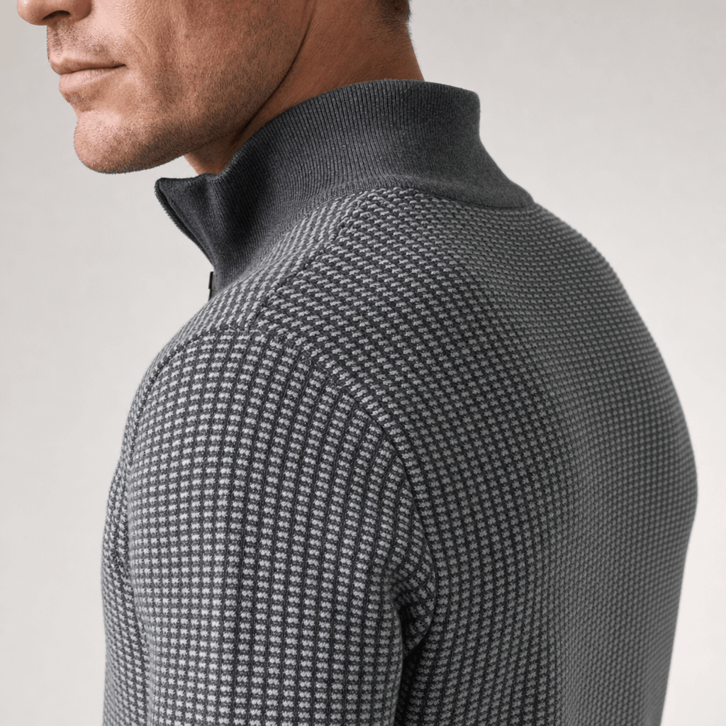 Nico Birdseye Knit Quarter Zip Sweater – Ribbed Stand Collar Regular Fit Pullover