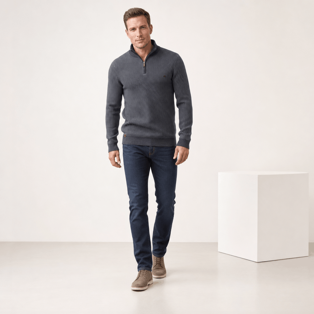 Nico Birdseye Knit Quarter Zip Sweater – Ribbed Stand Collar Regular Fit Pullover
