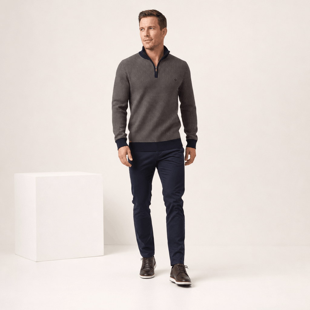 Nico Birdseye Knit Quarter Zip Sweater – Ribbed Stand Collar Regular Fit Pullover