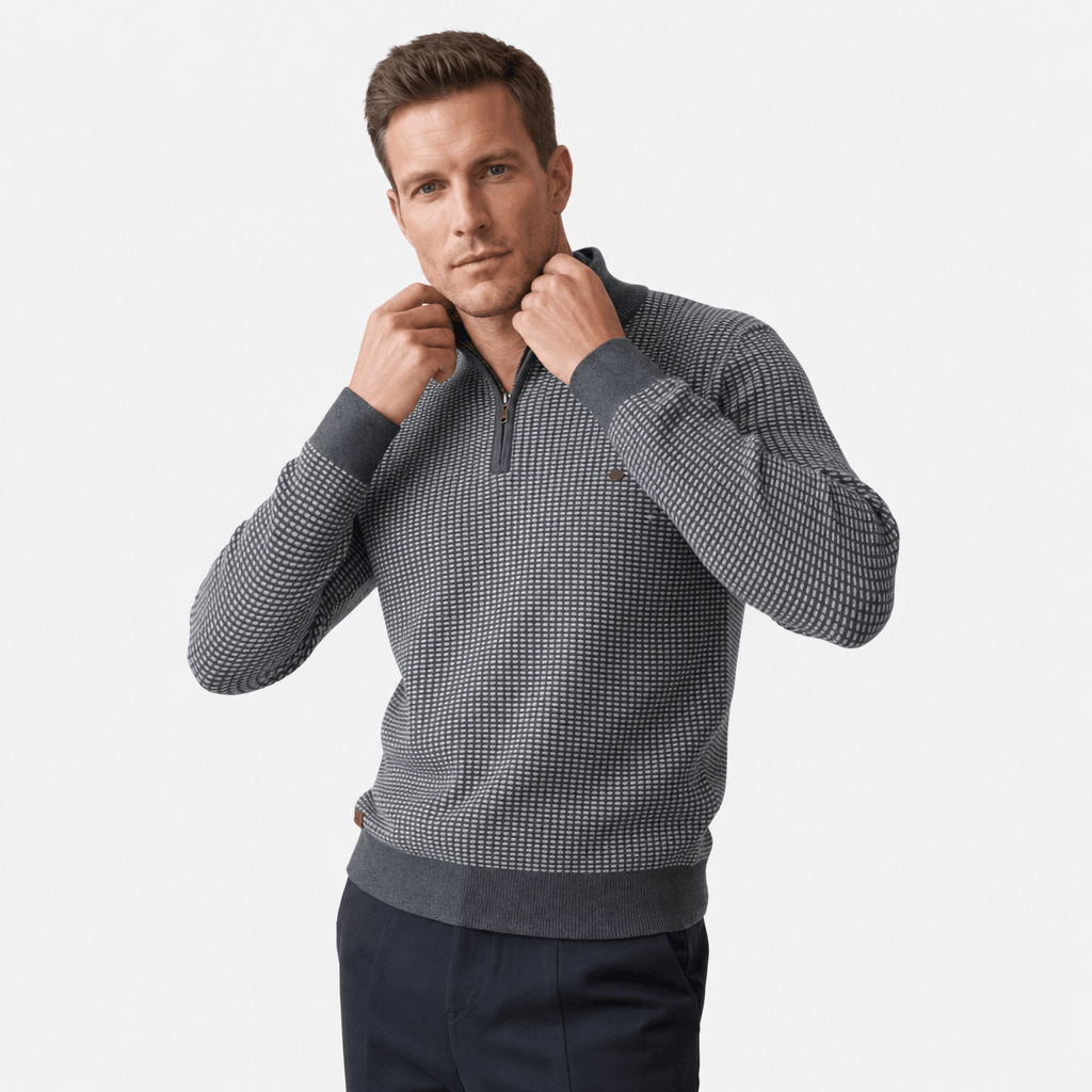 Nico Birdseye Knit Quarter Zip Sweater – Ribbed Stand Collar Regular Fit Pullover