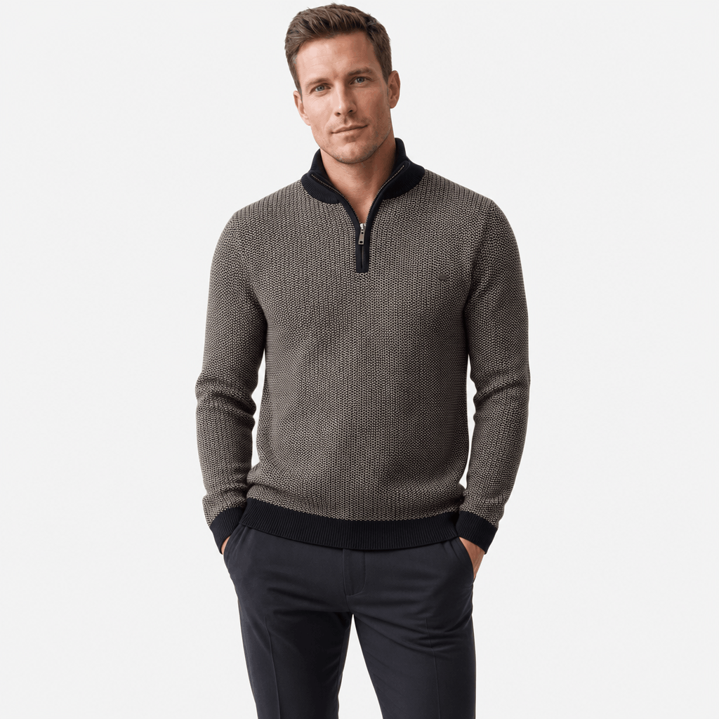 Nico Birdseye Knit Quarter Zip Sweater – Ribbed Stand Collar Regular Fit Pullover