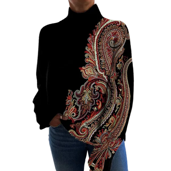 Women's Elegant High Neck Knitted Sweater with Statement Printed Design and Relaxed Fit – Soft Ribbed Long Sleeve Pullover for Sophisticated Smart Casual Autumn and Winter Everyday Wear