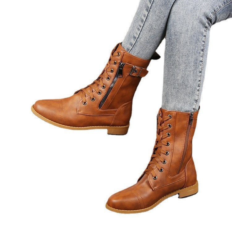 Women's Lace-Up Mid-Calf Boots with Side Zip Closure