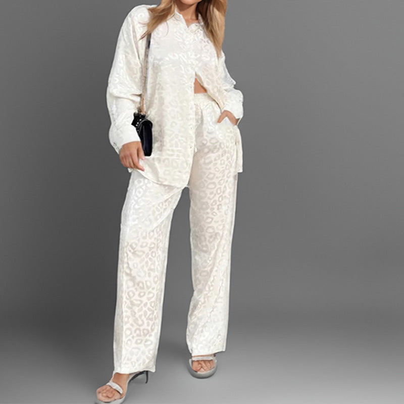 Women's Leopard Print Co-Ord Set Shirt and Wide Leg Trousers