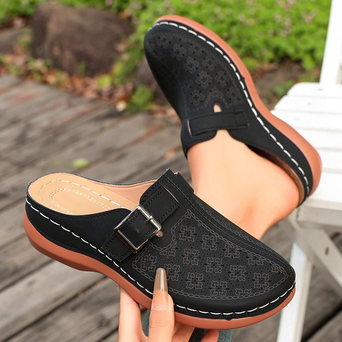 Women's Perforated Slip-On Mules with Buckle Strap