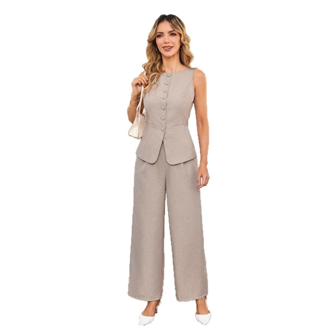 Women's Tailored Suit Set Sleeveless Top Wide-Leg Trousers