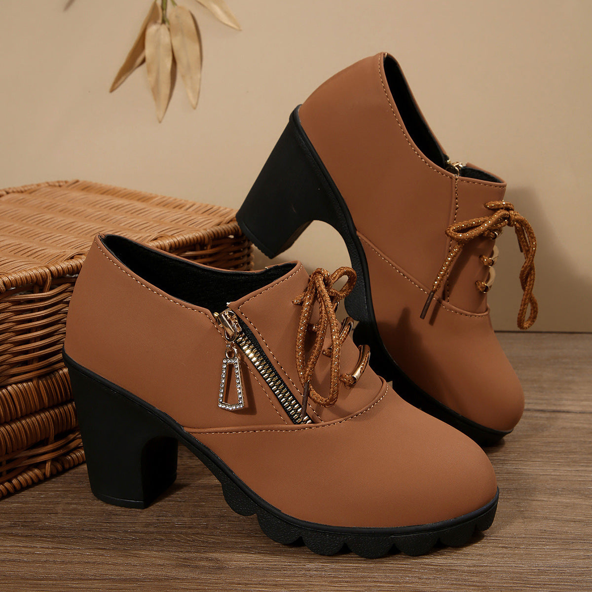 Women's Block Heel Ankle Boots Lace-Up with Side Zip