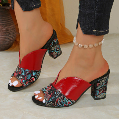 Women's Embroidered Block Heel Mules with Ankle Strap