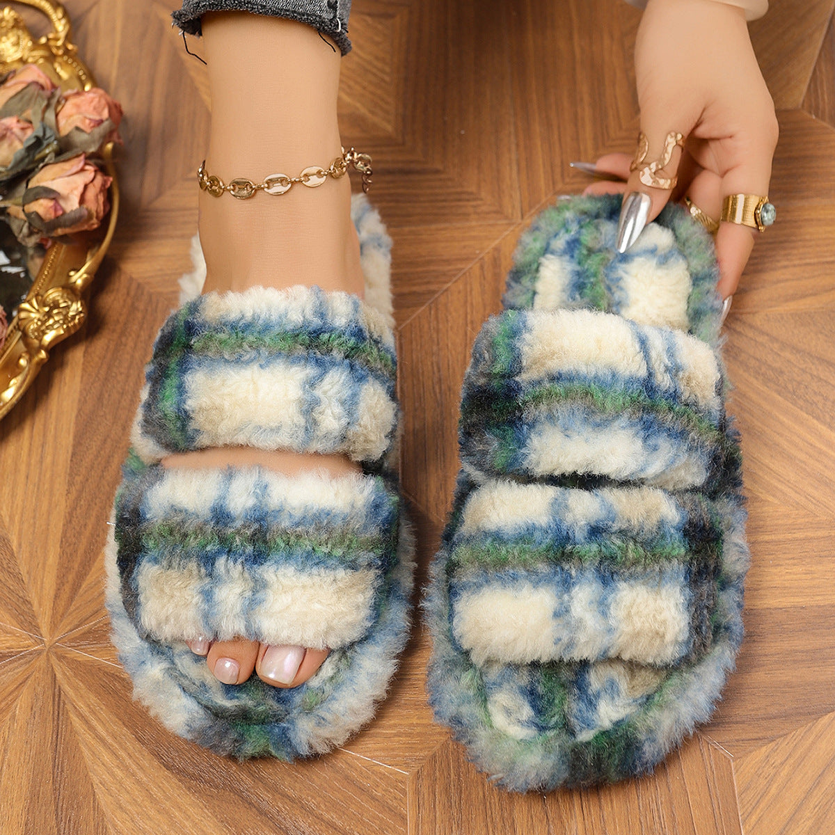Women's Fluffy Double Strap Slippers Open Toe