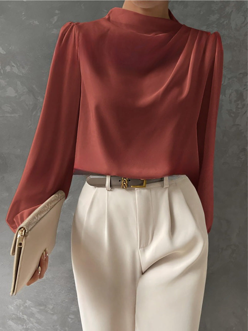 Women's Draped Long-Sleeve Blouse with Gathered Neckline