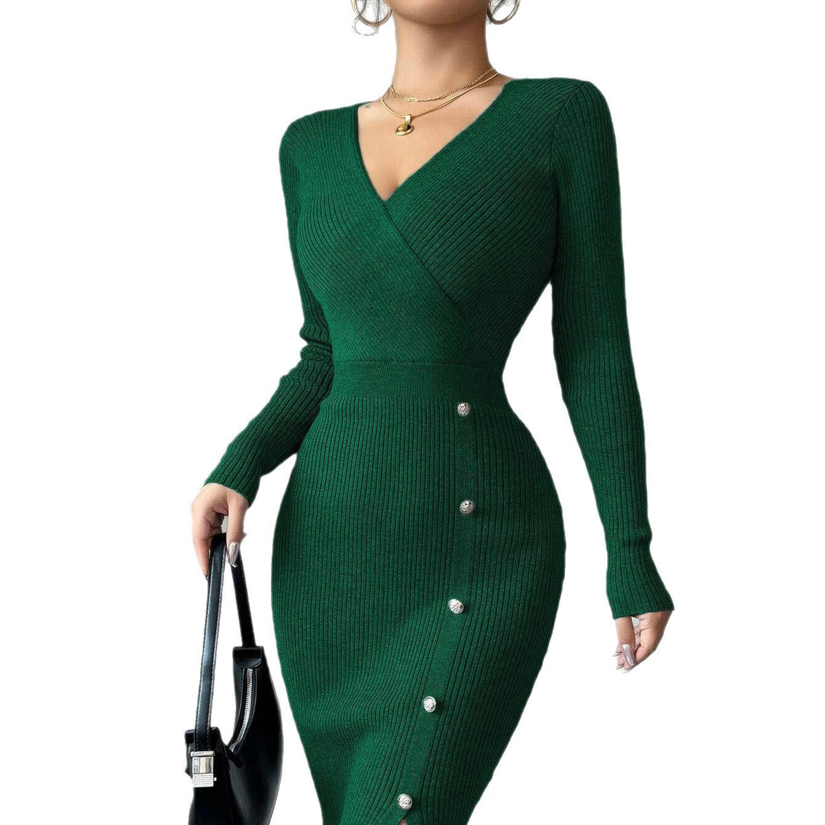 Women's Ribbed Wrap-Style Midi Dress with Button Detail