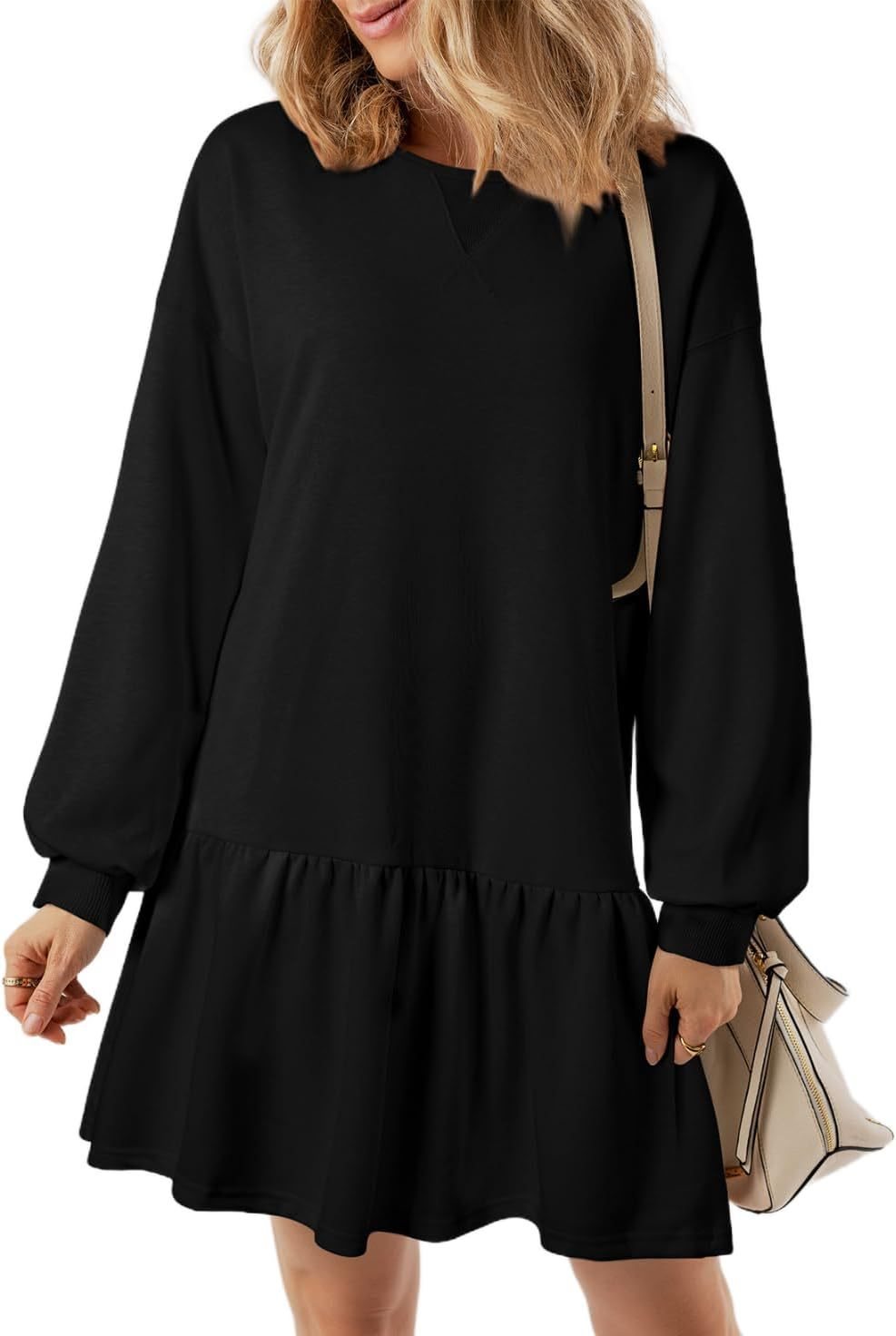 Women's Drop-Waist Sweatshirt Dress Long Sleeve V-Neck