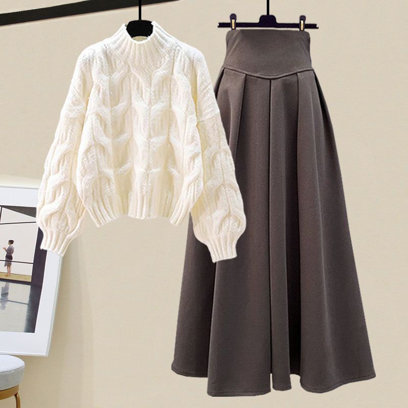 Women’s Cable Knit Jumper and Long Pleated Skirt Set – Elegant Two-Piece Outfit with High Neckline and Full Sleeves for Cooler Days