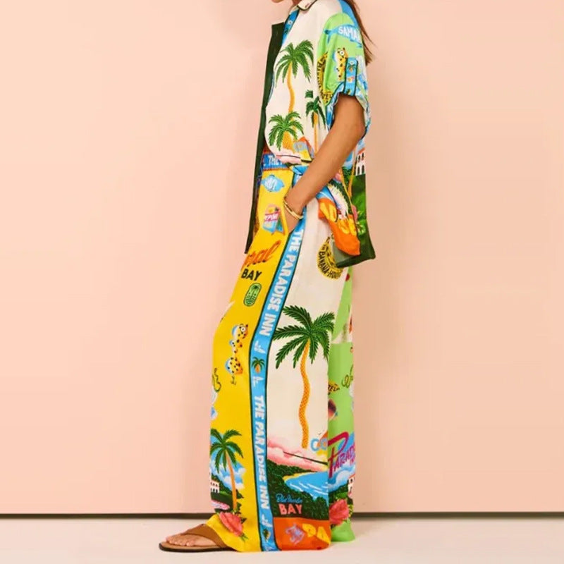 Women’s Relaxed Printed Button-Up Shirt and Wide Leg Trouser Set – Lightweight Satin Blend Two-Piece Summer Resort Outfit