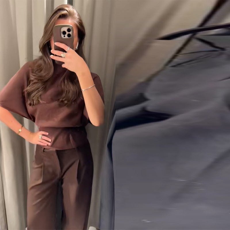 Women's Trouser Suit Set Wide Sleeve Top Slim Trousers