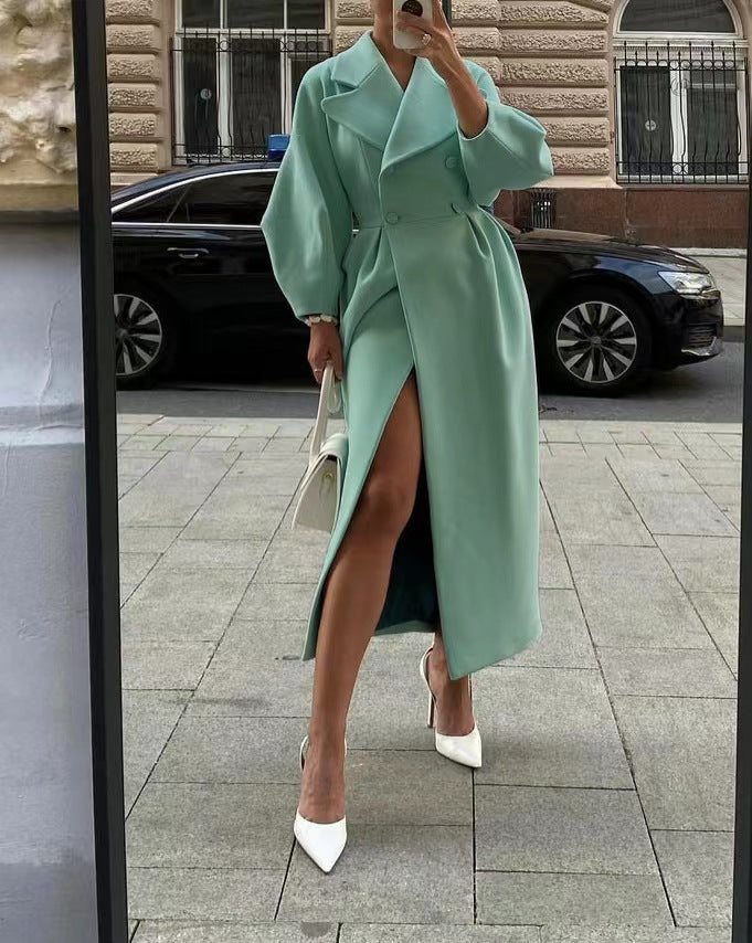 Women's Elegant Long Wool Winter Coat with Double-Breasted Button Front and Wide Notched Lapels – Tailored Fitted Waist Maxi Overcoat with Statement Sleeves for Sophisticated Office Wear and Formal Autumn Winter Styling