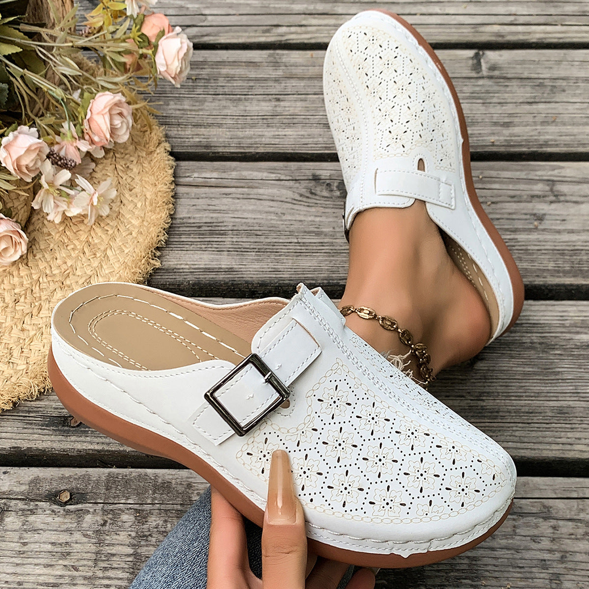 Women's Perforated Slip-On Mules with Buckle Strap