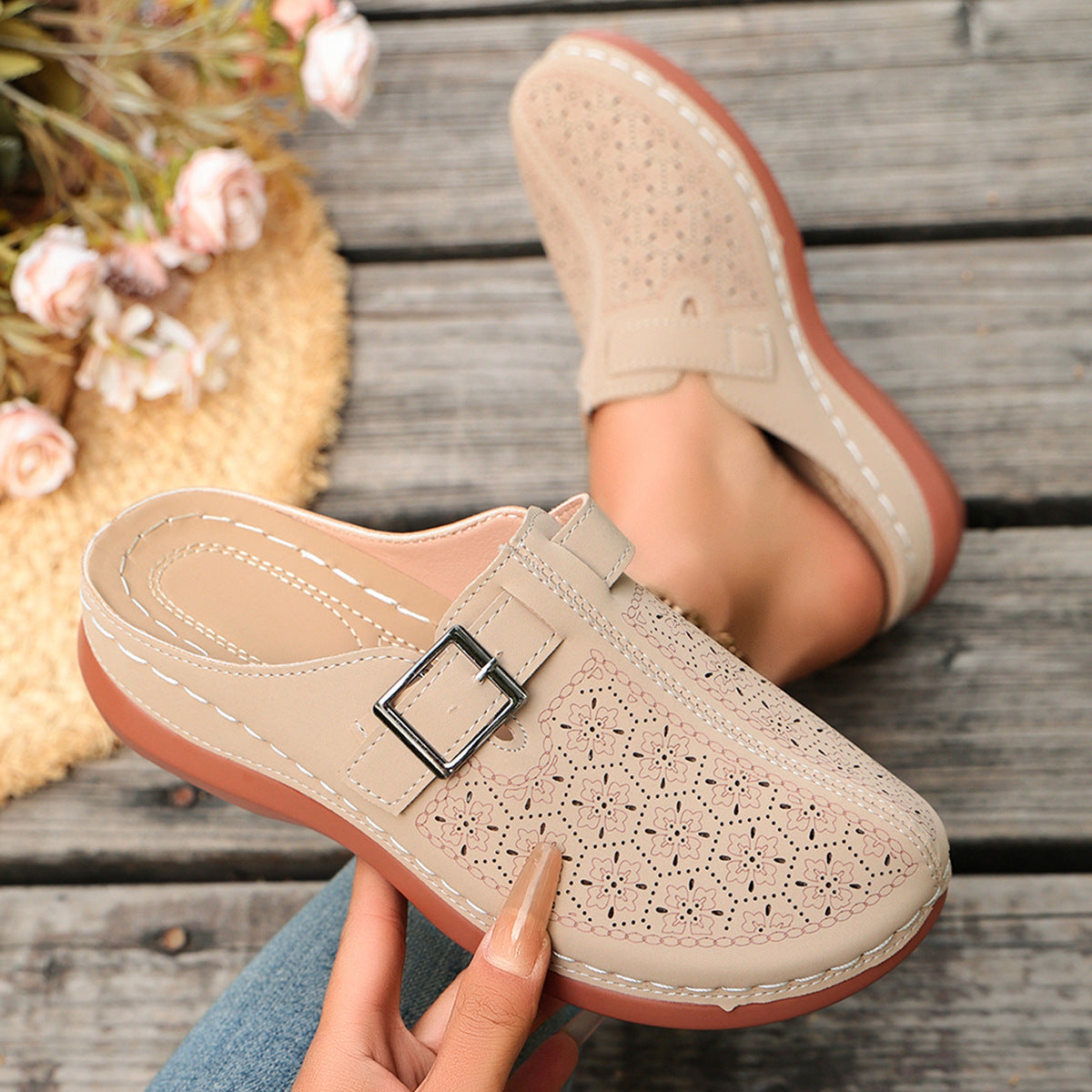 Women's Perforated Slip-On Mules with Buckle Strap