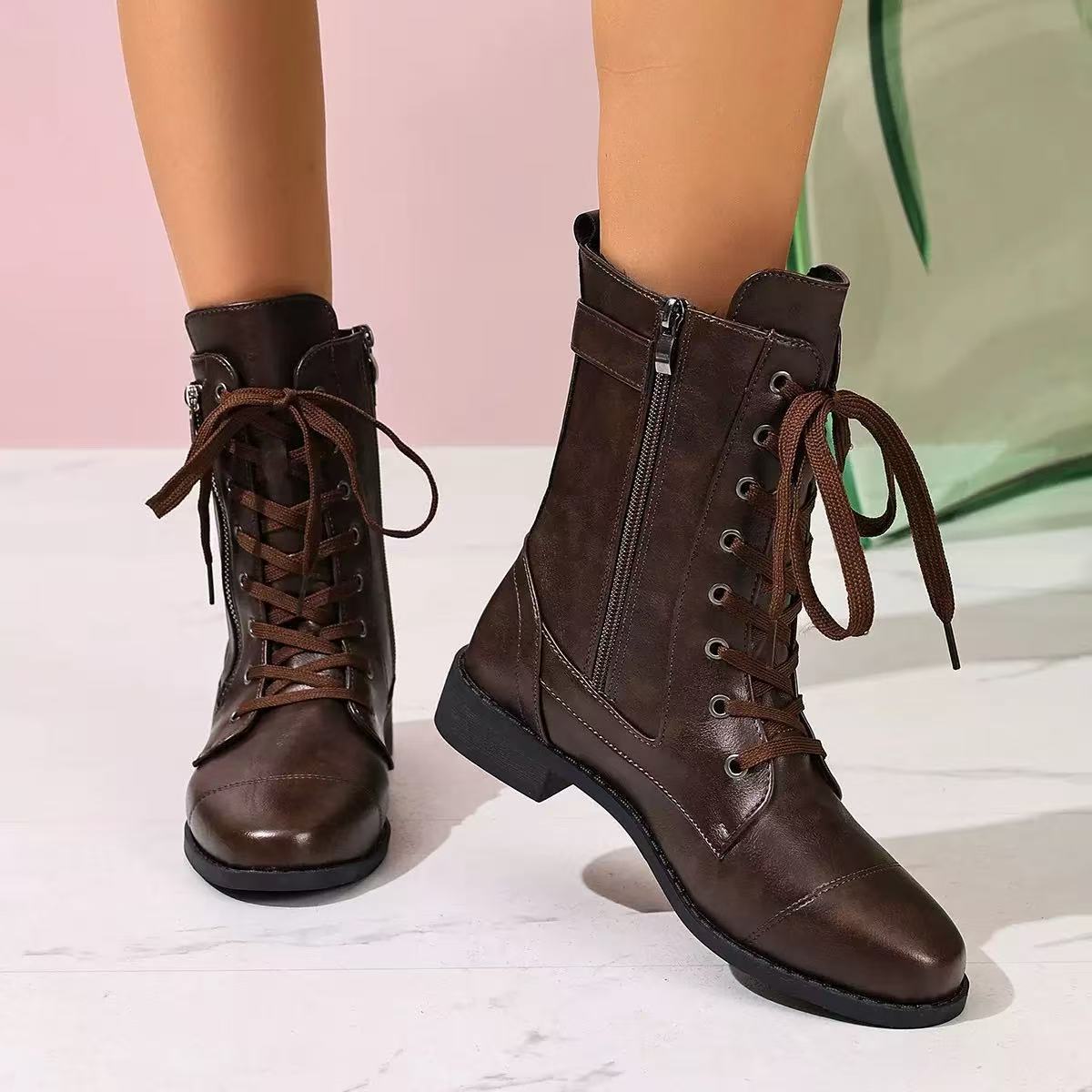 Women's Lace-Up Mid-Calf Boots with Side Zip Closure