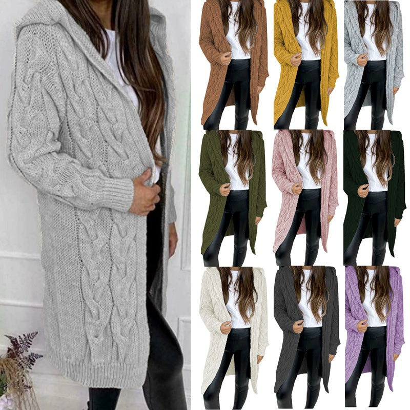 Women's Cable Knit Hooded Cardigan | Long Line Open Front