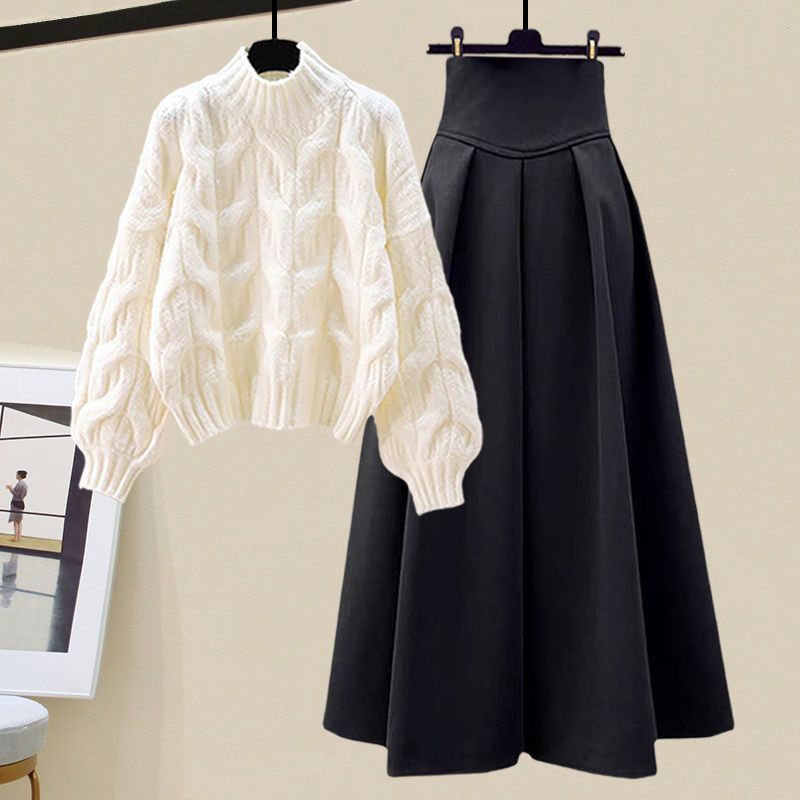 Women’s Cable Knit Jumper and Long Pleated Skirt Set – Elegant Two-Piece Outfit with High Neckline and Full Sleeves for Cooler Days