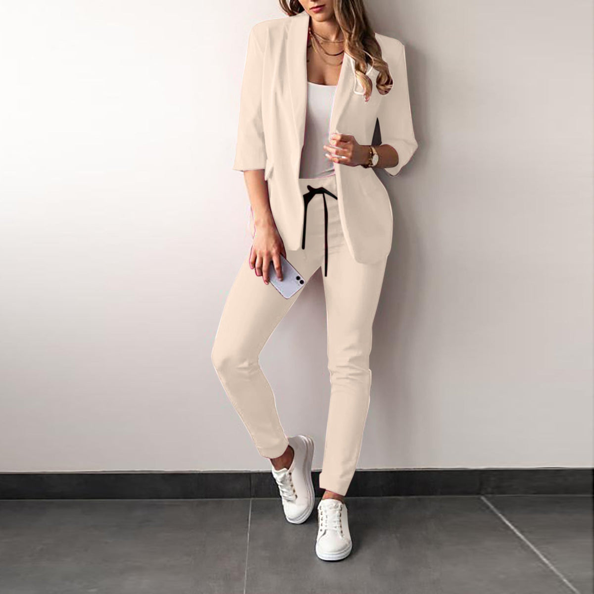 Women's Tailored Blazer Trousers Set with Open Front