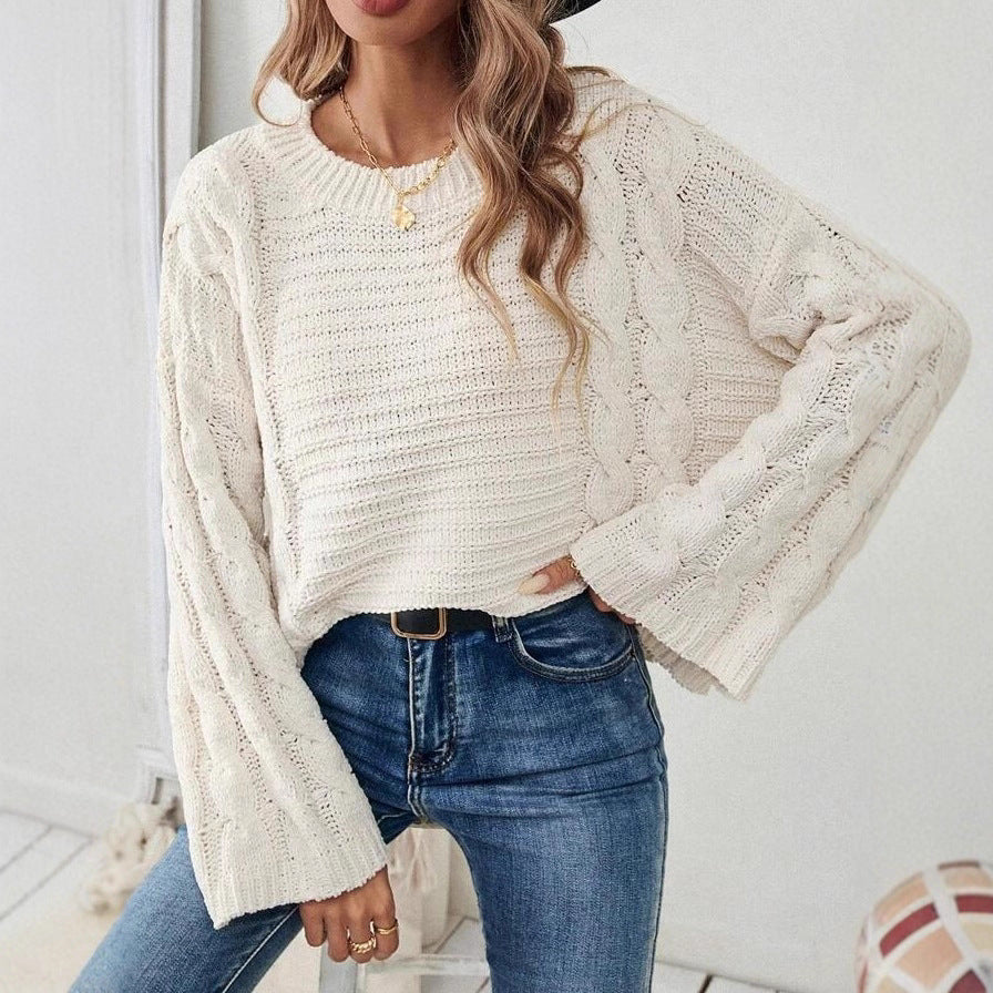 Women's Cable Knit Jumper Round Neck Wide Sleeve