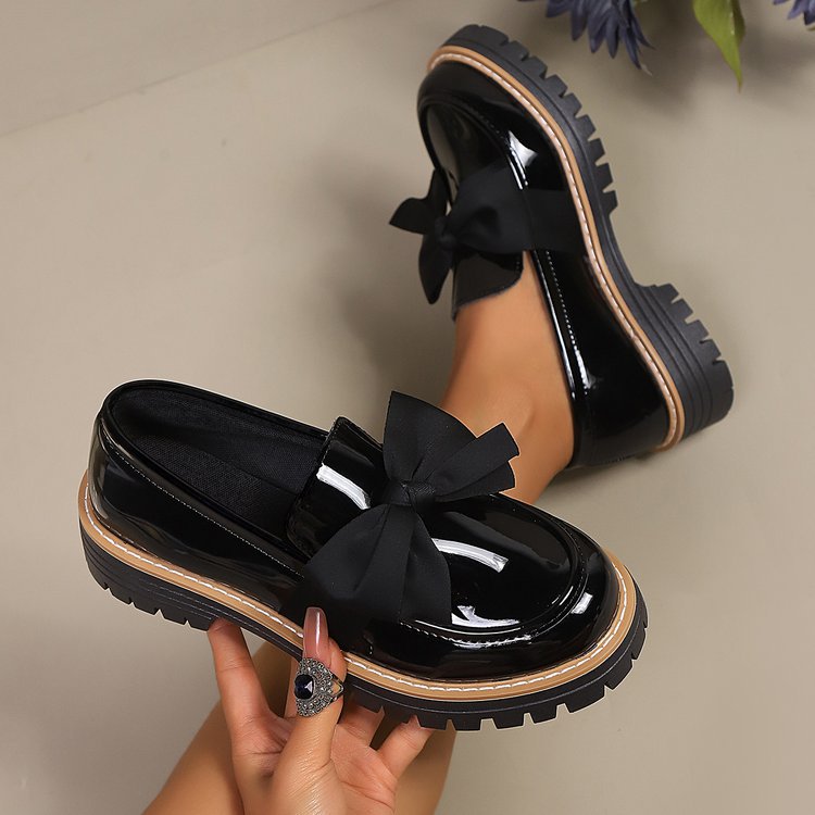Women's Patent Loafers with Chunky Sole and Bow Detail